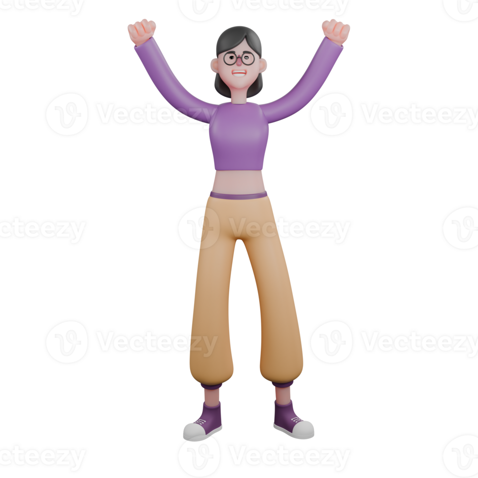 3D Animated Dance Performer. A female dancer stands with both hands clenched upwards with a happy expression. Performer Talent png
