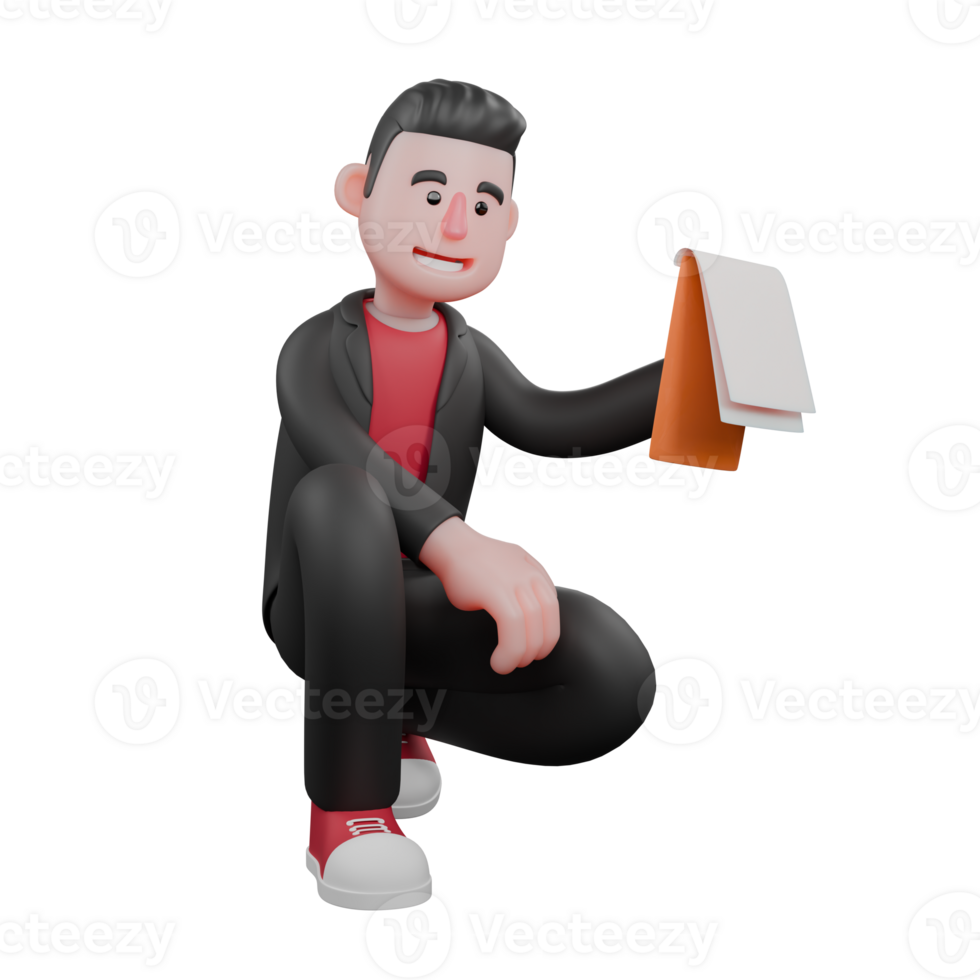 3D Choreographer Character. A male choreographer crouches holding a cliboard in his hand with a happy expression. Animated Dance Talent png