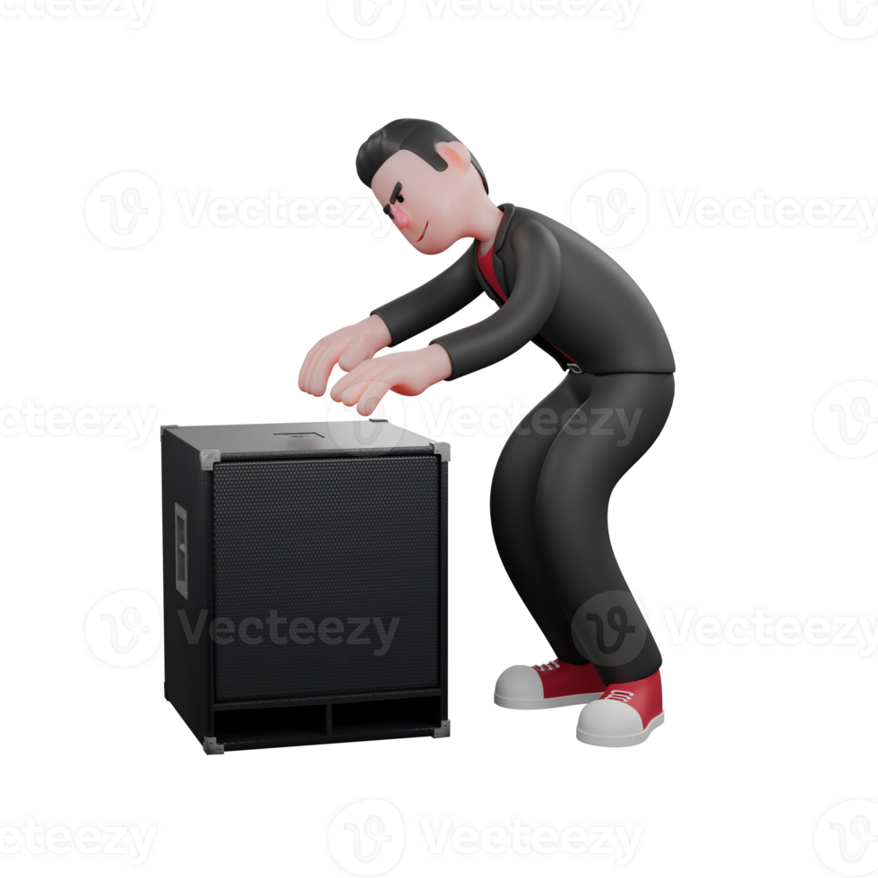 Choreographer Dance Star 3D Model. A male choreographer crouches in front of a loudspeaker with both hands facing forward as if he wants to lift it. Cartoon Artist png