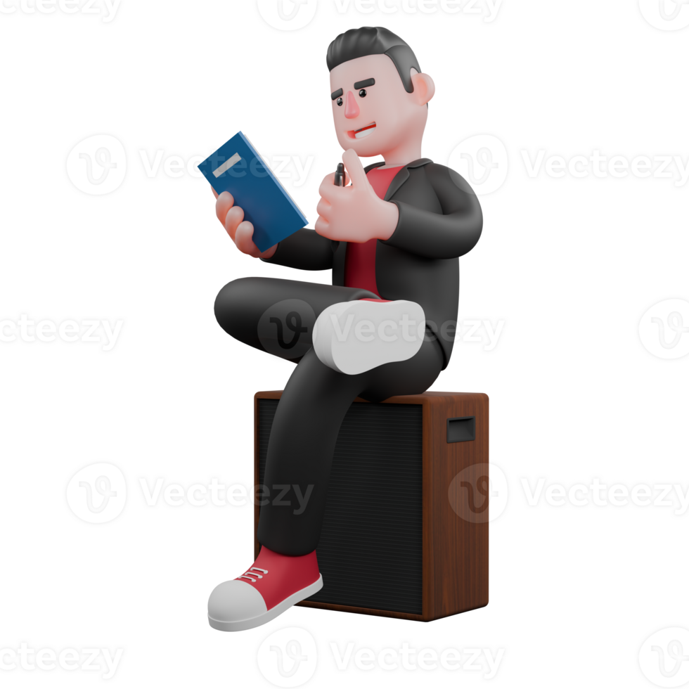 3D Animated Dance Choreographer Model. A male choreographer sits on a speaker while holding a book and a pen in his hand with a happy expression. Performer Design png