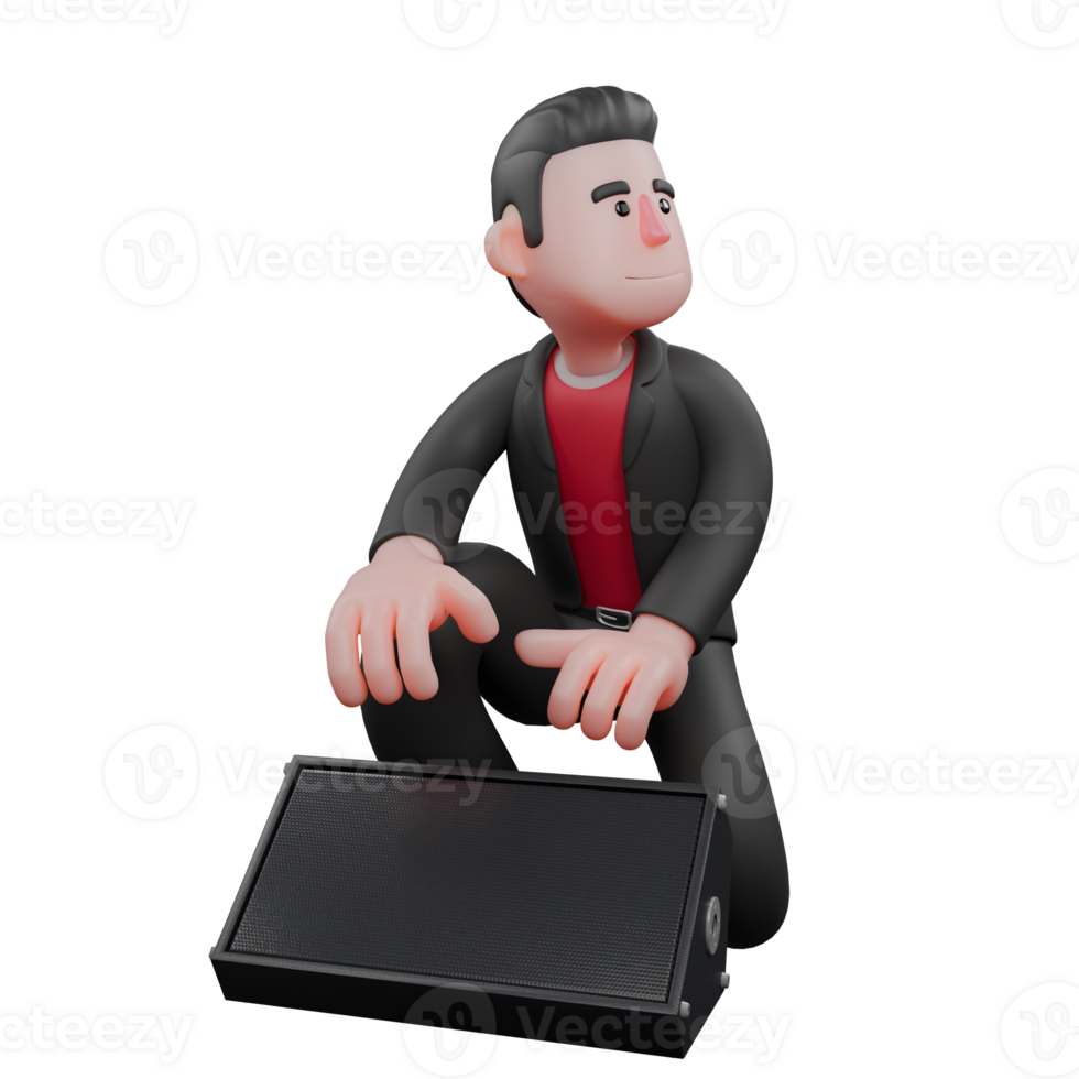Cartoon Choreographer in 3D Design. A male choreographer crouches with both hands wanting to hold the speaker in front of him. Dance Performer png