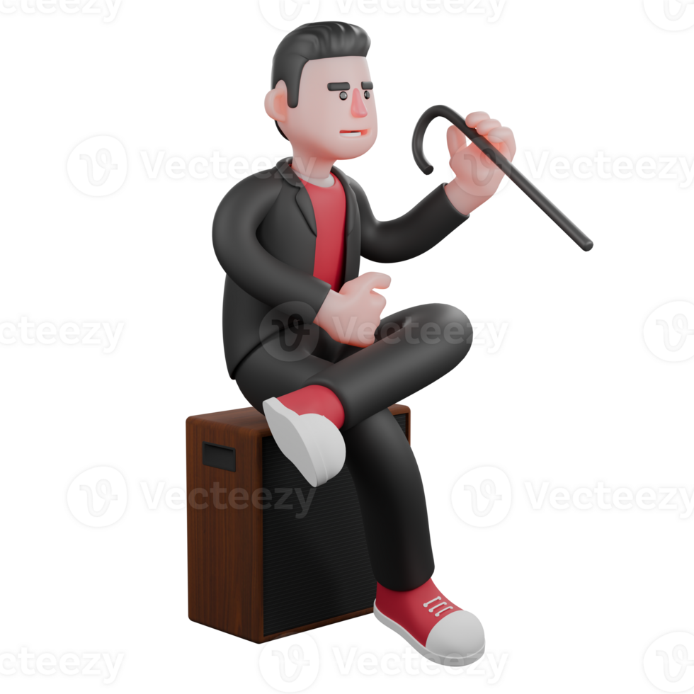 3D Dance Artist Choreographer. A male choreographer sits on a loudspeaker with his left leg bent on the kaban leg while his left hand raises a magic wand. Performer Design png