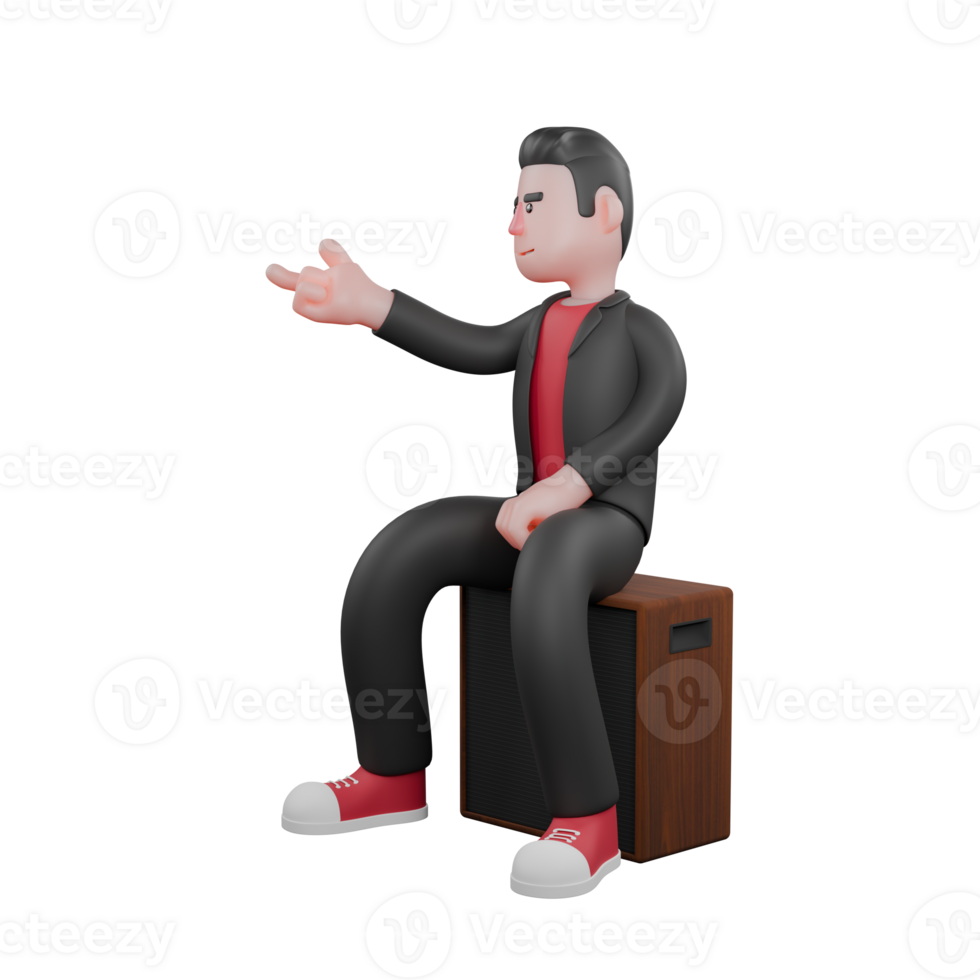 Dance Creator Cartoon 3D Model. A male choreographer sits on a speaker pointing forward with his right hand, smiling expression. Performer Artist png