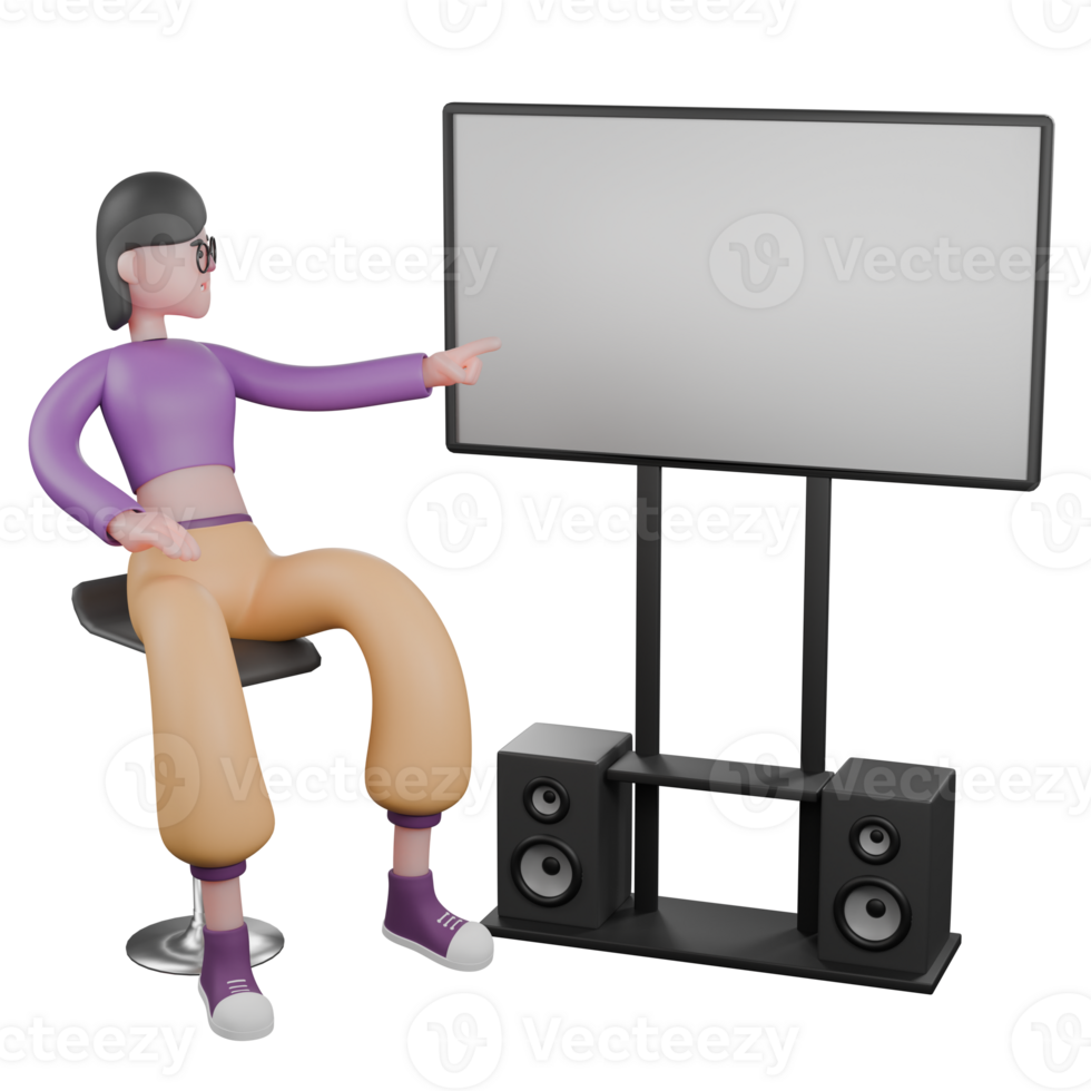 3D Cartoon Dance Artist Model. A female dancer sits beside a large screen with her hands pointing to the screen with a serious expression. Performance Talent png