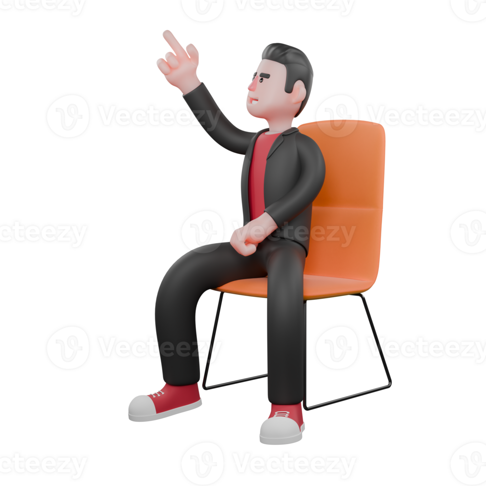 3D Dance Performer Choreographer. A male choreographer sits on a chair with his right hand pointing upwards. Cartoon Character png