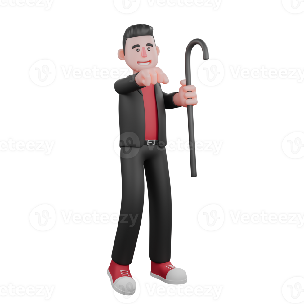 Dance Performer 3D Choreographer . A male choreographer stands holding a stick in his left hand and his right hand clenched forward with a happy expression . Cartoon Model png