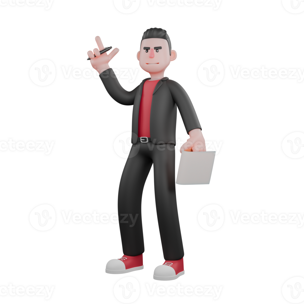 Choreographer 3D Dance Model . A male choreographer stands holding a pen and a cliboard in his hand with a serious expression . Cartoon Performer png