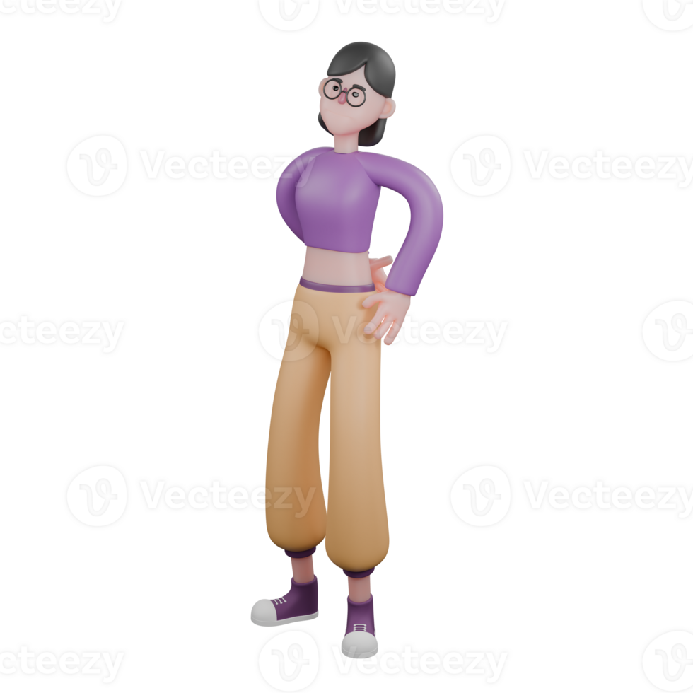 Dancer 3D Character Design. A female dancer stands facing right while hiding her right hand behind her body and her left hand on her waist. Dance Star Model png