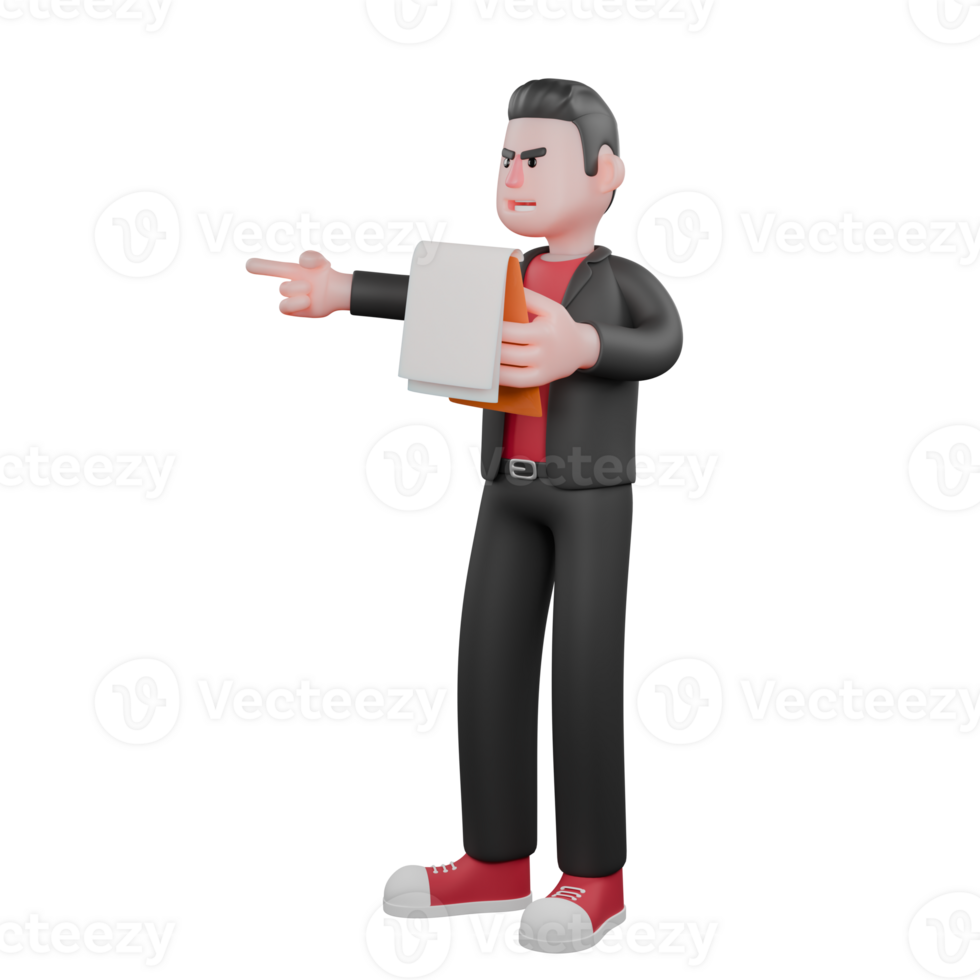 3D Dance Creator Cartoon. A male choreographer stands with his left hand holding a clipboard and his right hand pointing forward. Choreographer Design png