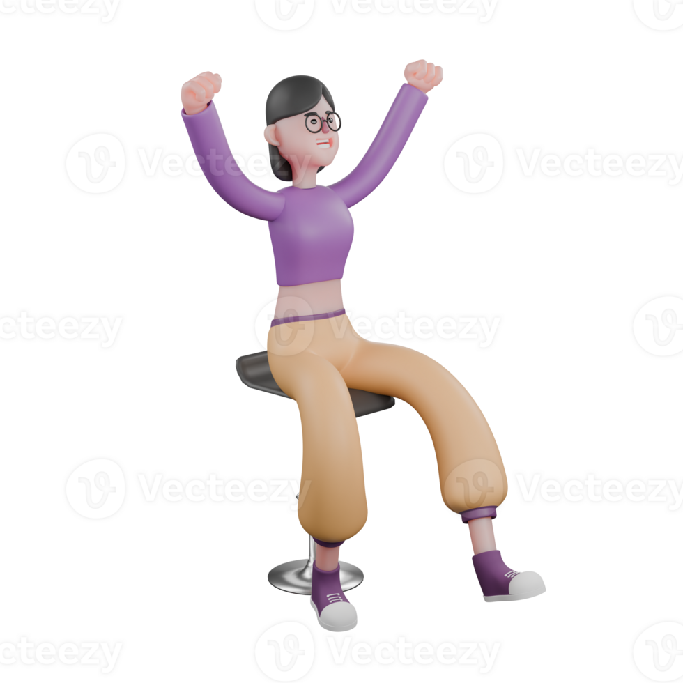 Dance Star 3D Cartoon Character. A female dancer sits on a chair with both hands clenched upwards with a happy expression. Performer Design png