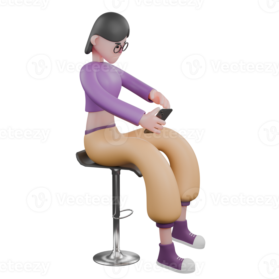 3D Dance Performer Star. A female dancer sits on a chair with a smartphone in her hand with a focused expression. Creative Talent png