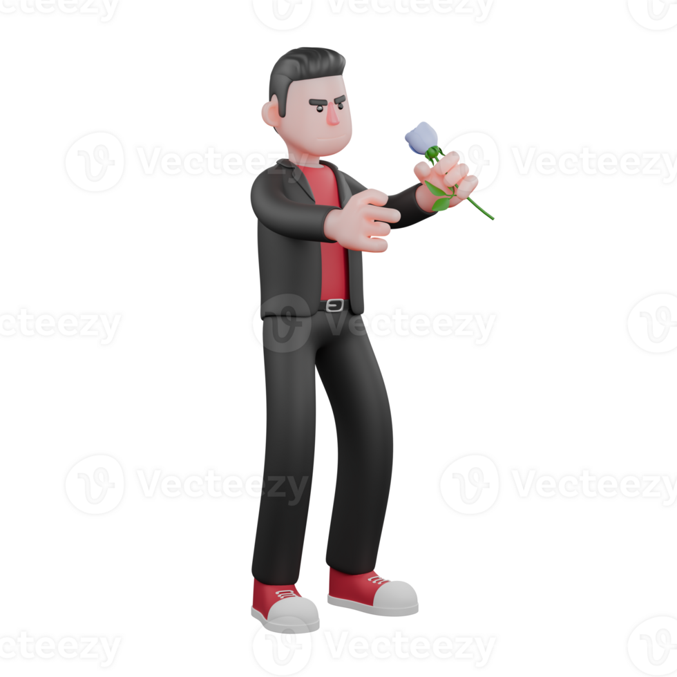 3D Cartoon Dance Model Choreographer. A male choreographer stands with his left hand holding a flower and his right hand pointing forward. 3D Character png