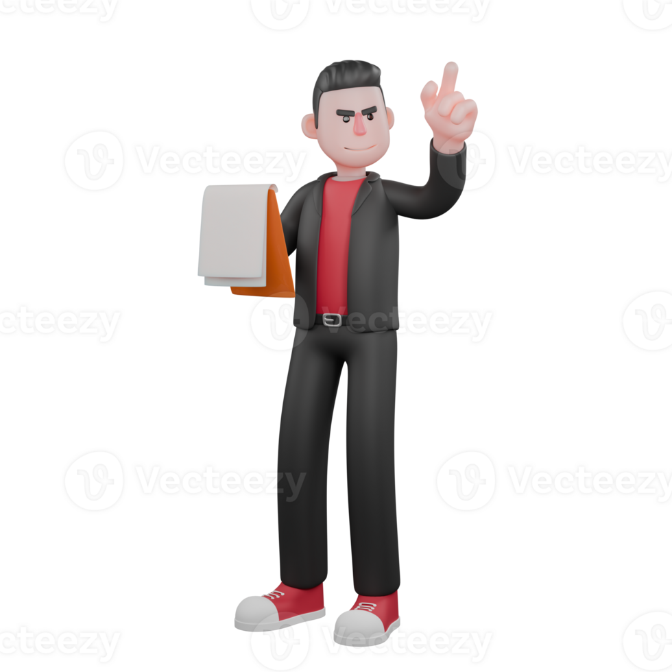 3D Choreographer Dance Performer. A male choreographer stands with his right hand holding a clipboard and his left hand pointing up. Cartoon Artist png