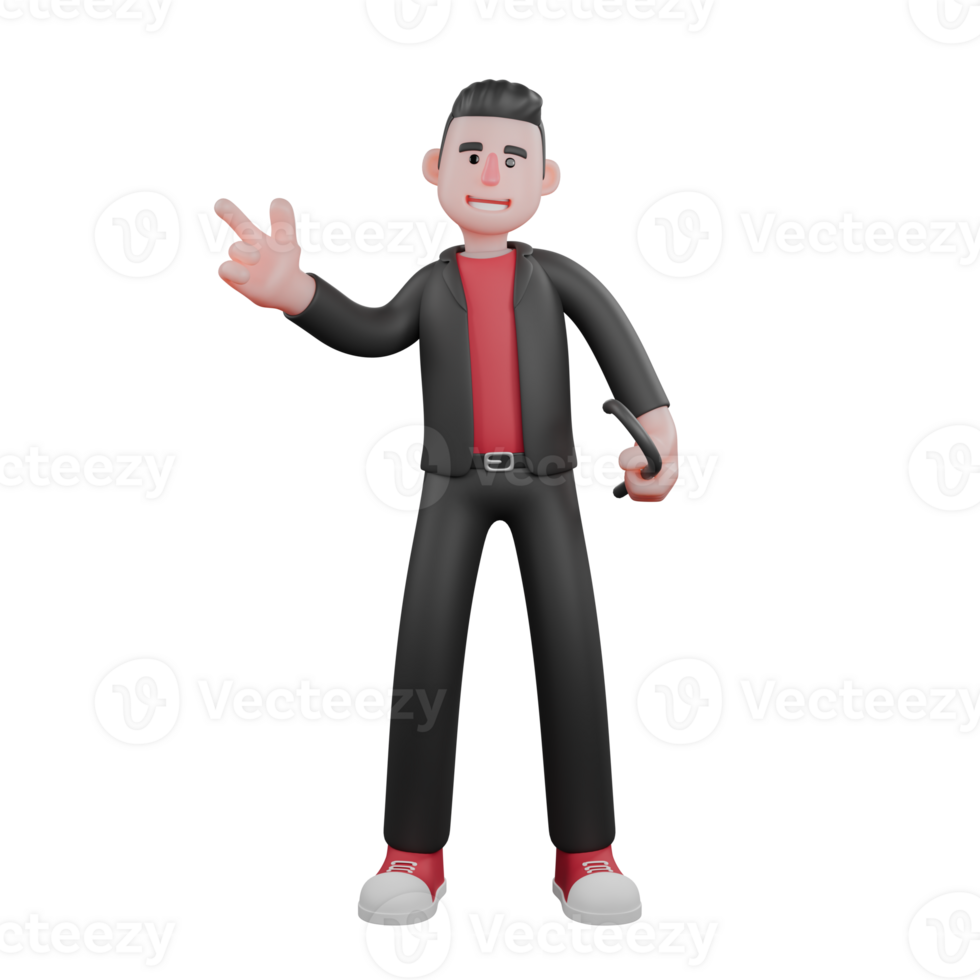Choreographer in 3D Cartoon Design . A male choreographer stands holding a stick in his right hand and his left hand pointing in a certain direction with happy expression . Dance Performer png