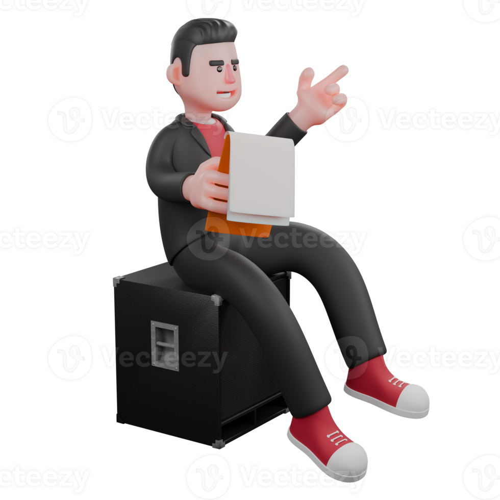 Choreographer Dance Performer in 3D. A male choreographer sits on a loudspeaker with his right hand holding a clipboard and his left hand pointing forward. Cartoon Artist png