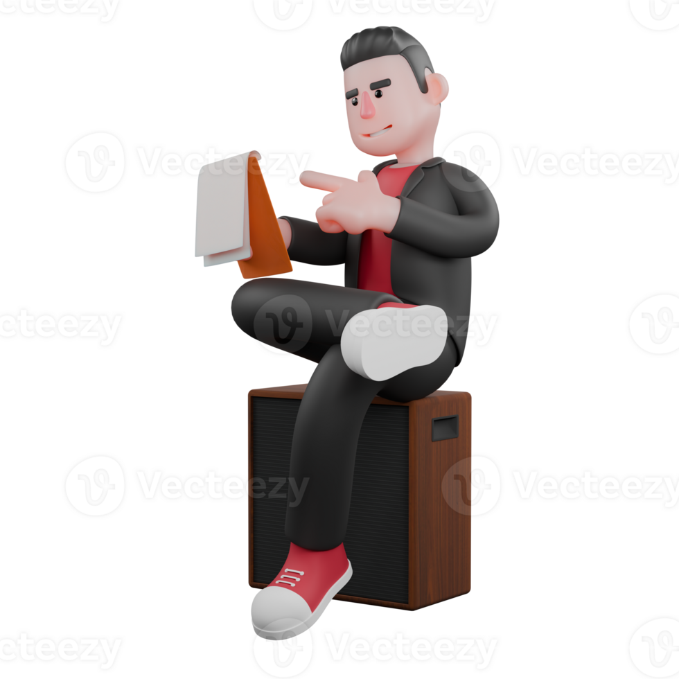 3D Performing Choreographer. A male choreographer sits at a speaker while his left hand points to a clipboard in his right hand. Dance Creator png