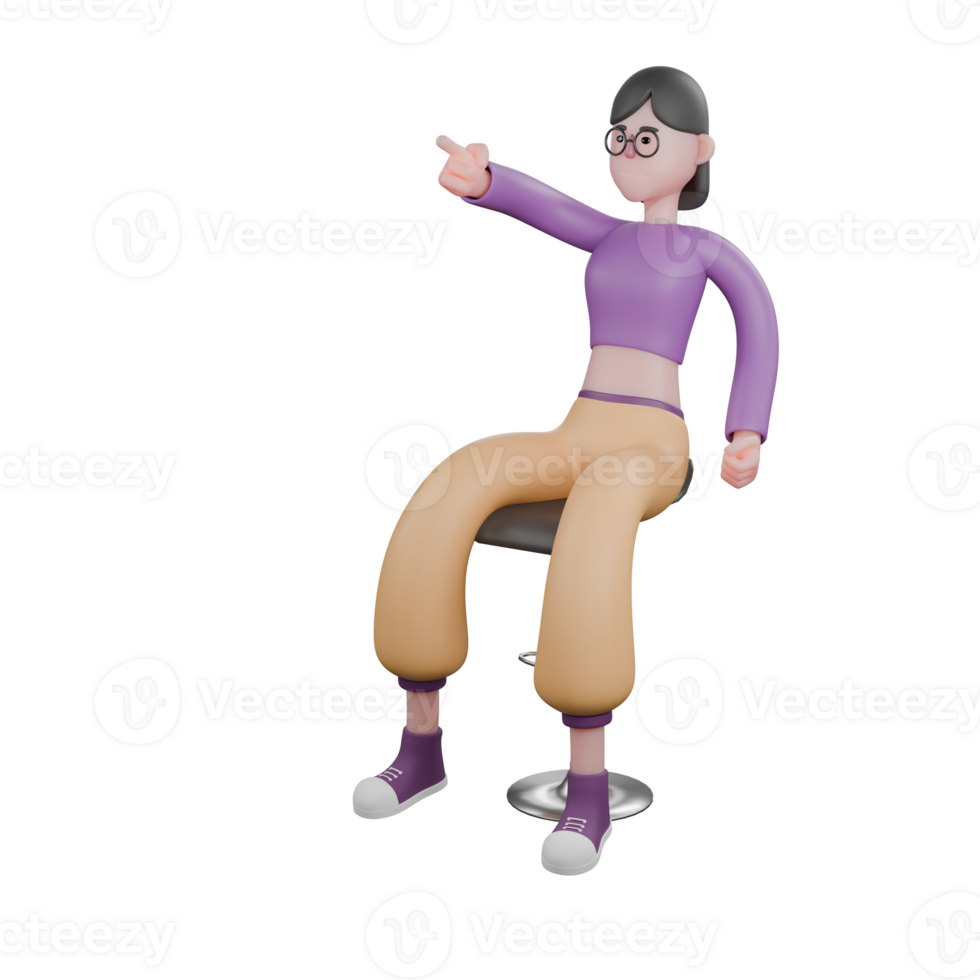 Illustrated 3D Dancer Model. A female dancer sits on a bar stool facing right while pointing forward. Dance Star png