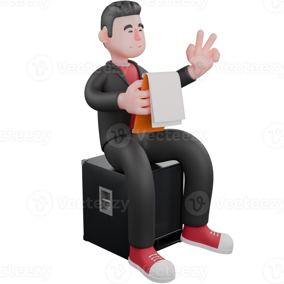 3D Cartoon Choreographer Design . A male choreographer sits on a speaker holding a cliboard in his right hand and his left hand raising 2 fingers with a smiling expression . Dance Artist png