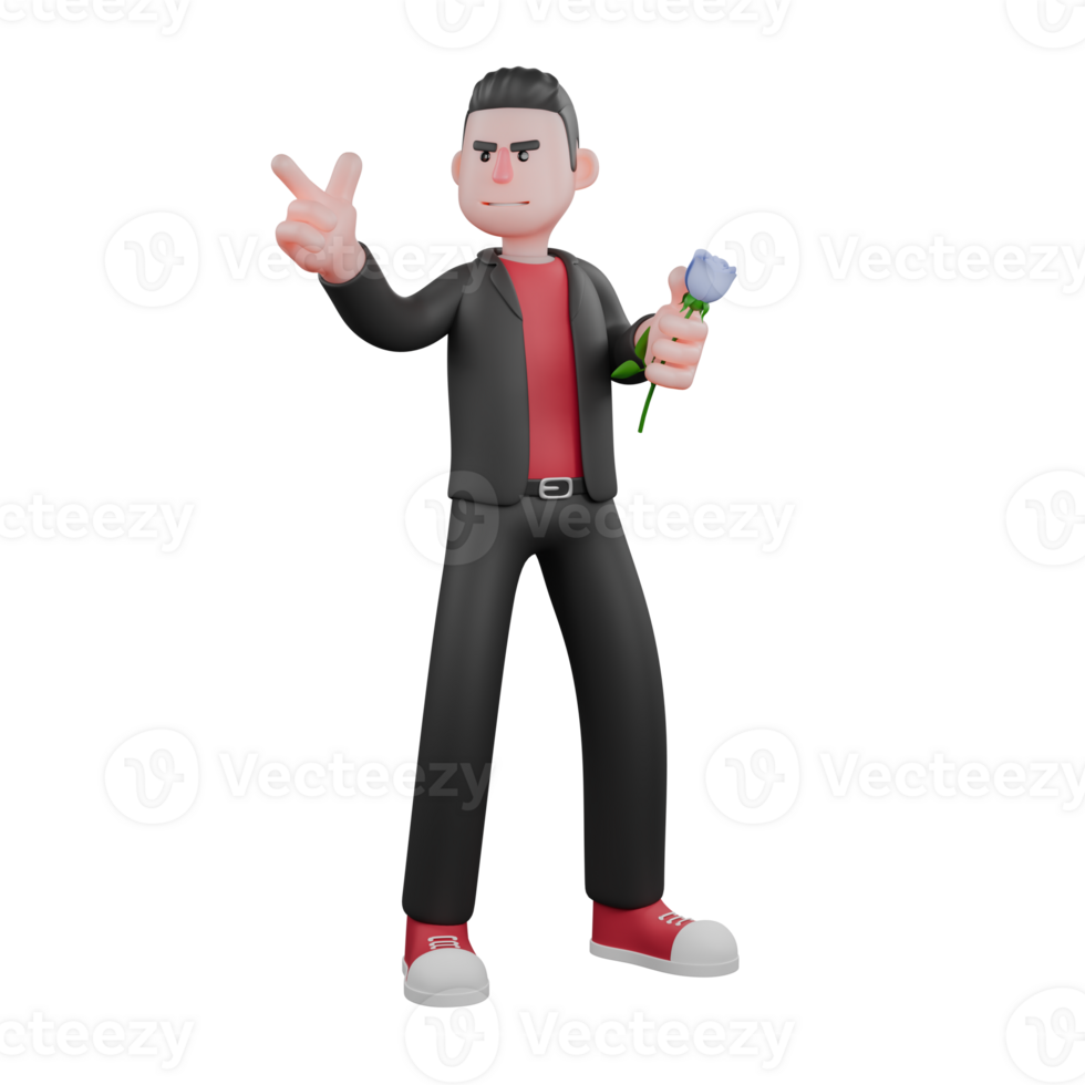 3D Cartoon Dance Creator. A male choreographer stands with his left hand pointing to the left side, then his right hand holds a flower. Artist Featured png