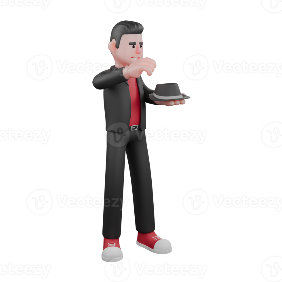 3D Choreographer Character Design. A male choreographer stands holding a hat in his hand with a happy expression . Animated Talent png