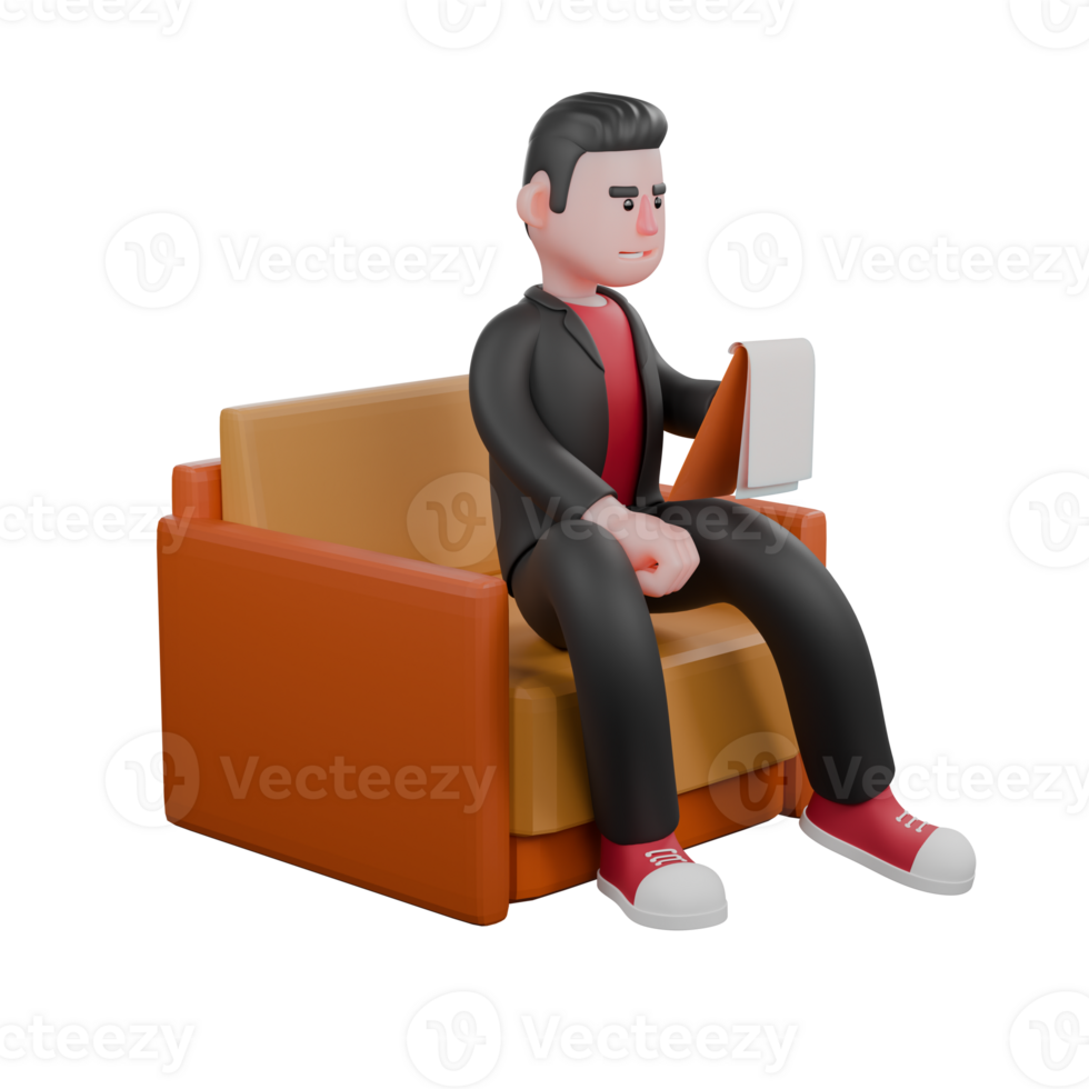 Dance Choreographer 3D Model. A male choreographer sits on a sofa while reading the writing on a clipboard held in his left hand. Performer Character png
