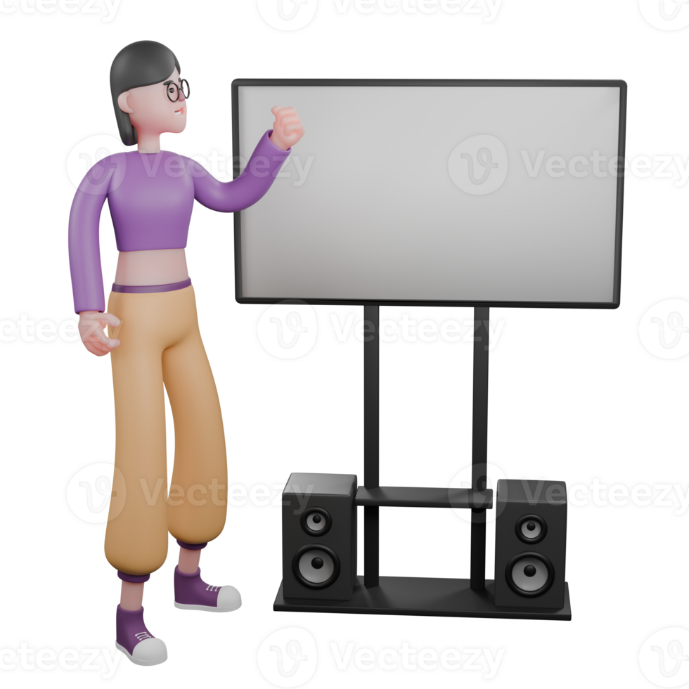 3D Cartoon Dance Star. A female dancer stands facing left while her right hand is raised in front of the white board while holding it. Animated Talent png