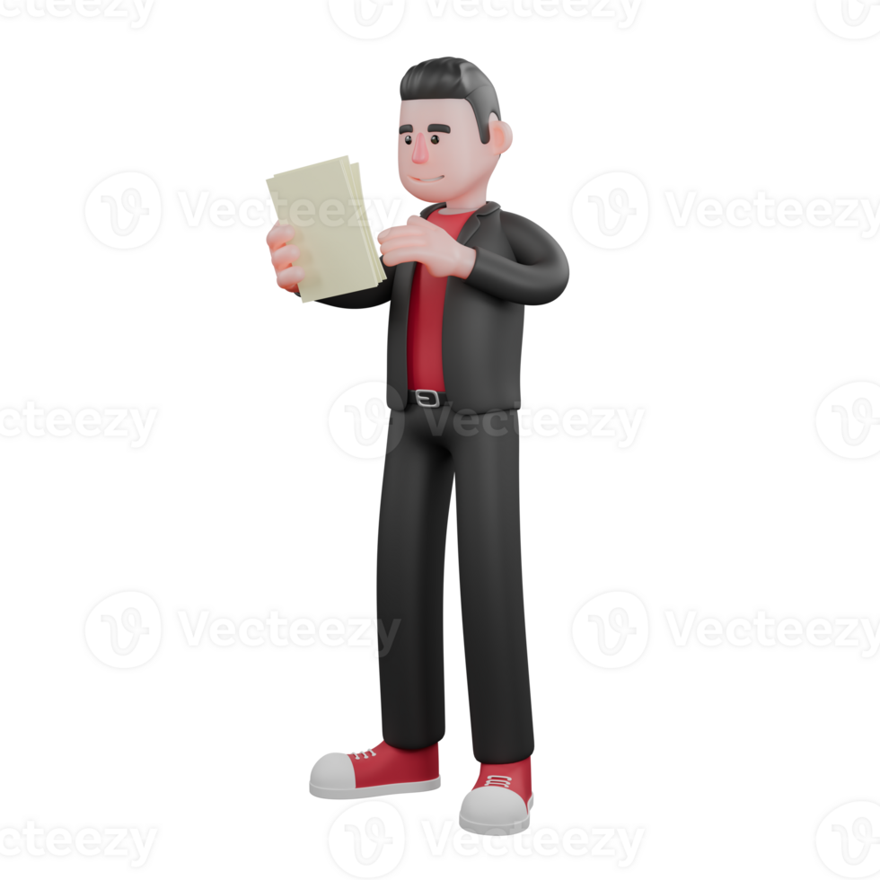 Cartoon Dance Choreographer 3D Model. A male choreographer stands checking a sheet of paper in his hand with a focused expression . Performer Design png