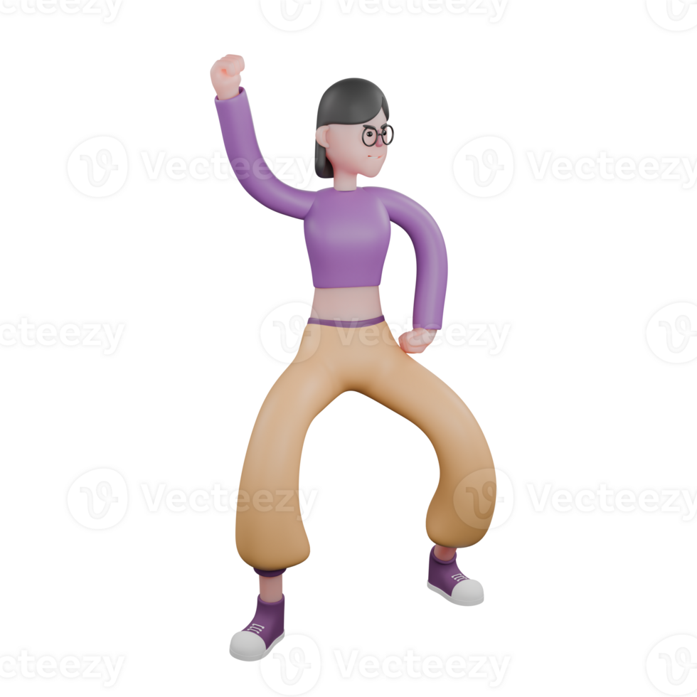 3D Model of Dancer. A female dancer stands with her legs apart and turns to the left, then raises her right hand while holding it and holds her left hand at her waist. Animated Character png