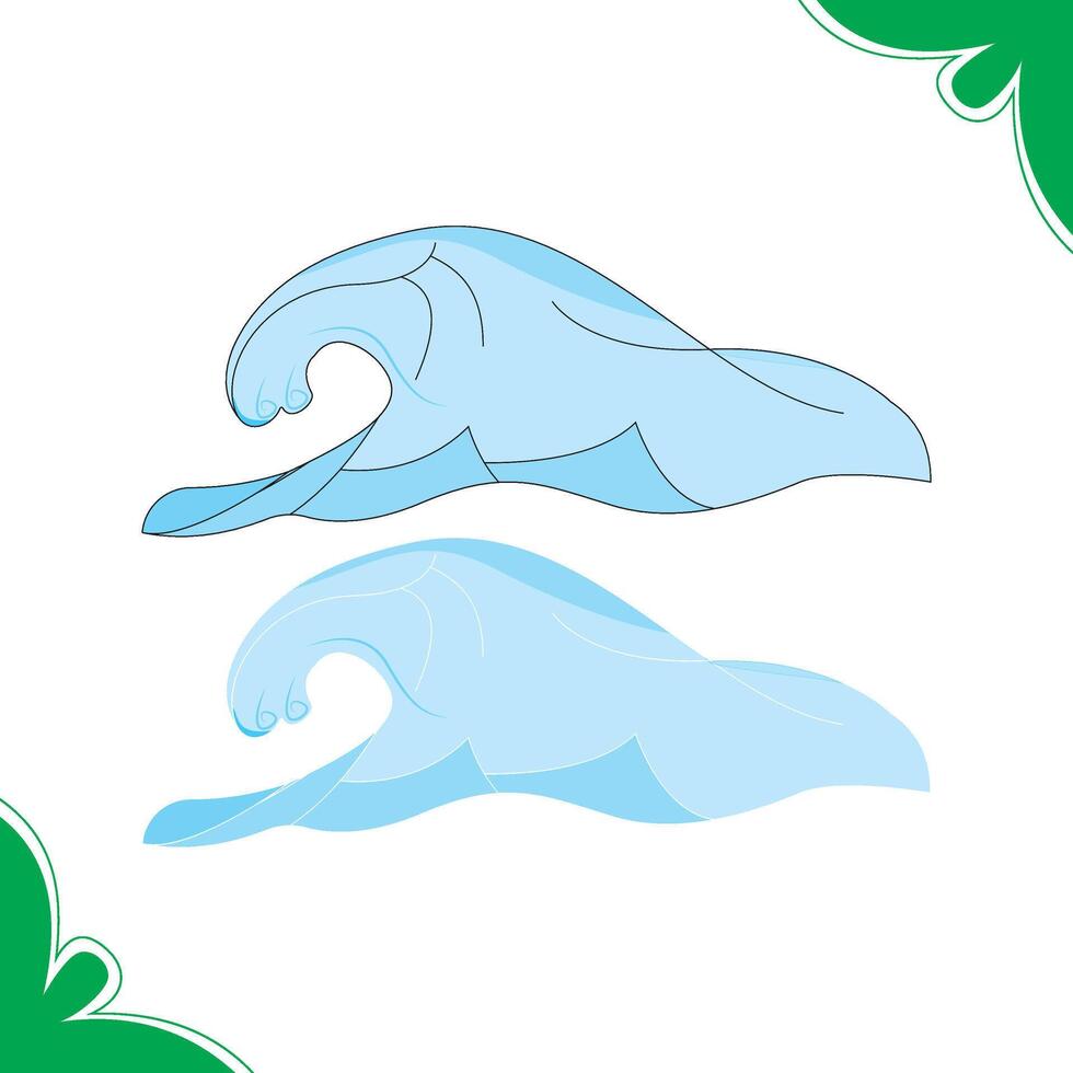Wave. Natural strong disaster with fog and tsunami waves from ocean with house, mountains, palms and lighthouse. Earthquake tsunami wave vector