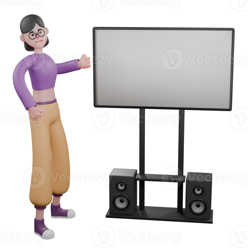 Dance Performer 3D Character Design. A female dancer stands beside a large screen with clenched fists with a serious expression. Animated Performer png