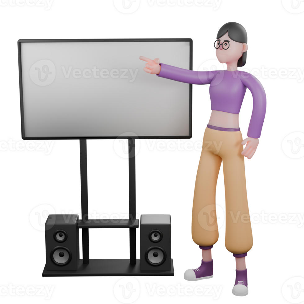 3D Model of Dancer. A female dancer stands while her right hand points to a white board on her right. 3D Model png