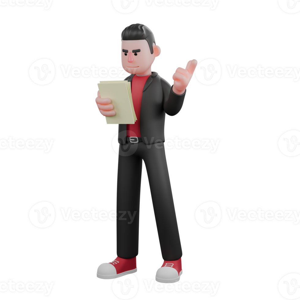 Choreographer in 3D Cartoon Style. A male choreographer stands and reads the writing on a paper held in his right hand while his left hand is raised to give a finger gun symbol. Dance Designer png