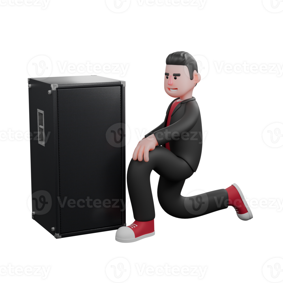 3D Dance Choreographer Model. A male choreographer crouches in front of the loudspeaker and his left hand is on his left knee. Animated Performer png