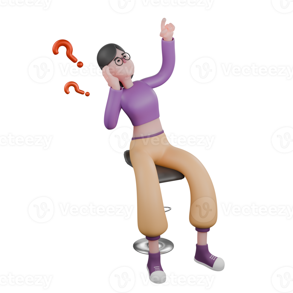 Cartoon Dance Performer in 3D. A female dancer sits on a chair with her left hand pointing up with a thinking expression. Creative Talent png