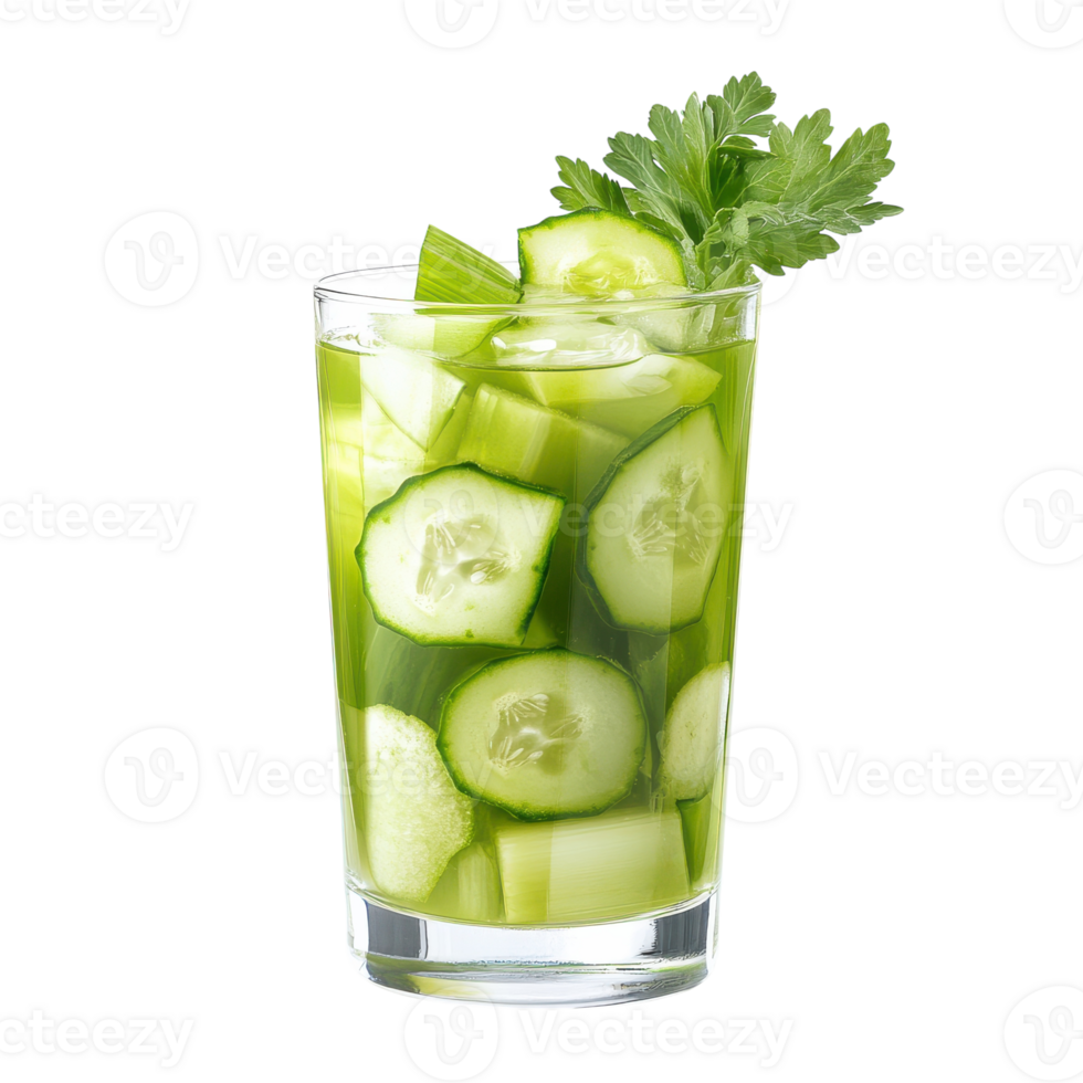 Refreshing Lemon Celery Cucumber Detox Water in Glass on transparent background png