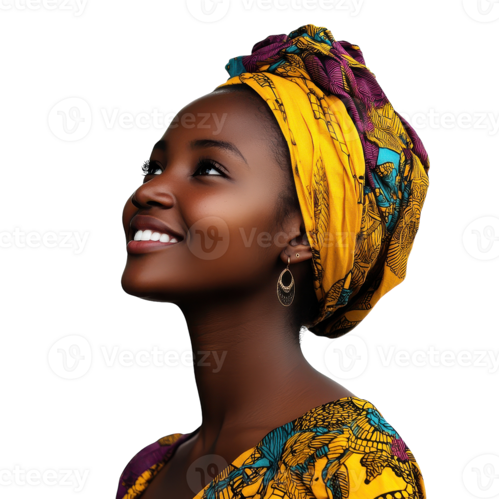 Smiling African Woman Looking to the Left for Empowerment and Diversity Representation on transparent background png