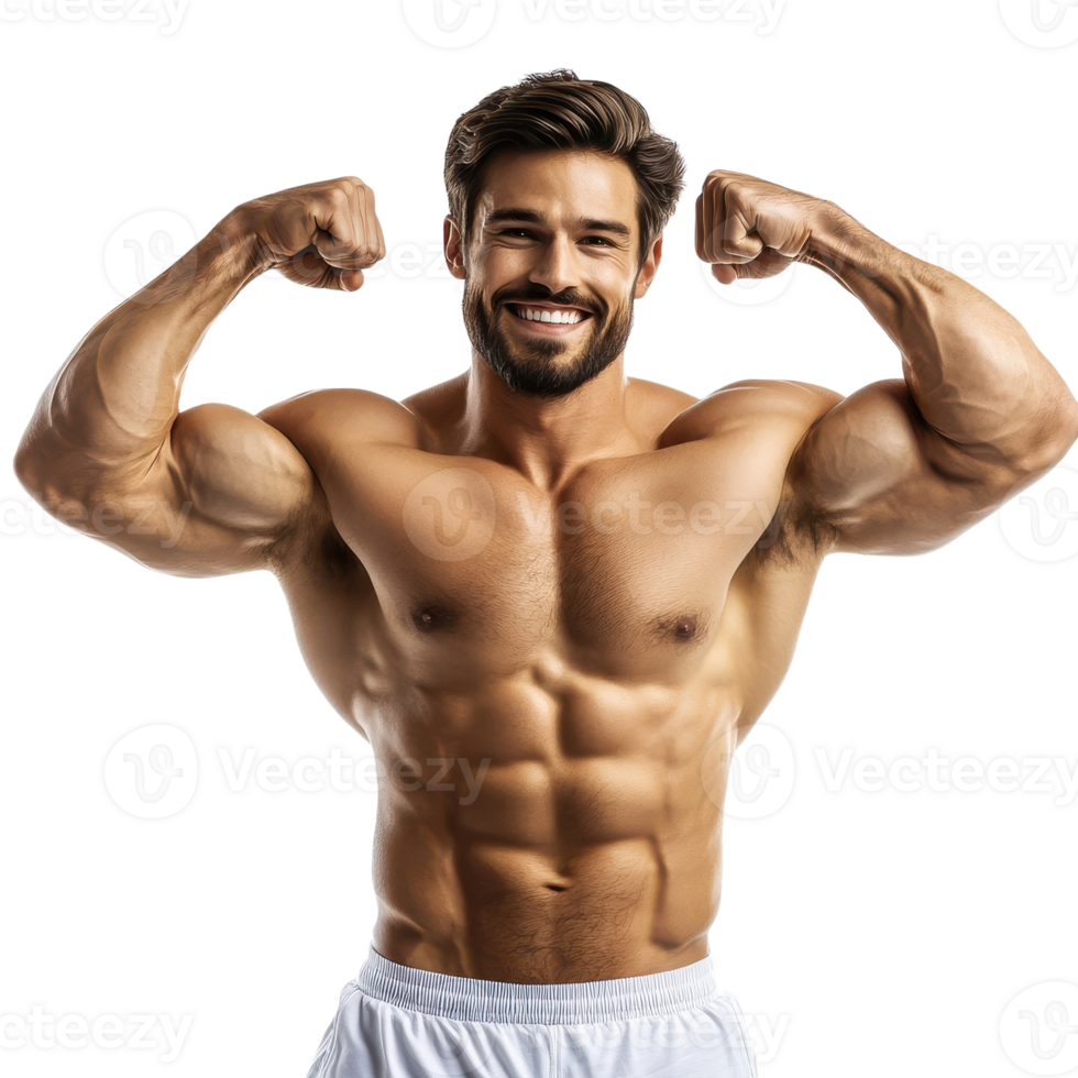 Smiling Muscular Man Flexing Biceps for Fitness Motivation on transparent background png