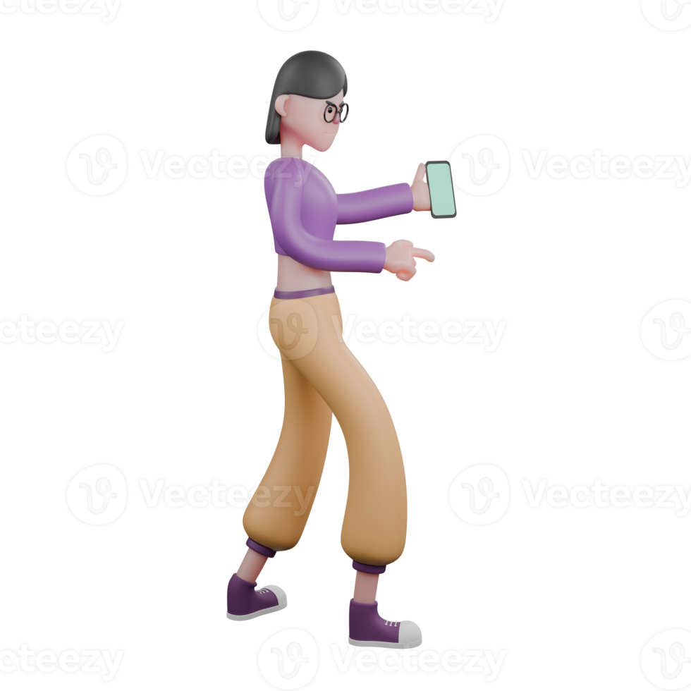 3D Dance Artist Model. A female dancer is standing while holding a smartphone in her hand while showing the smartphone screen with a serious expression. Animation Performer png