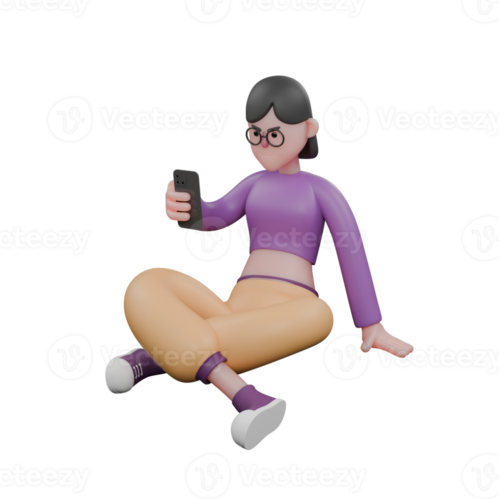 Cartoon Dance Star 3D Model. A female dancer sits cross-legged on the floor holding a smartphone in her hand with a serious expression on the smartphone. Performance Character png