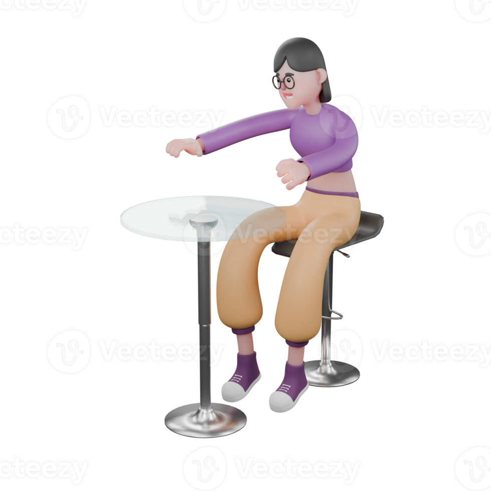 3D Cartoon Dance Artist Character. A female dancer sits at a cafe table with her hands on the table with a happy expression. Performer Design png