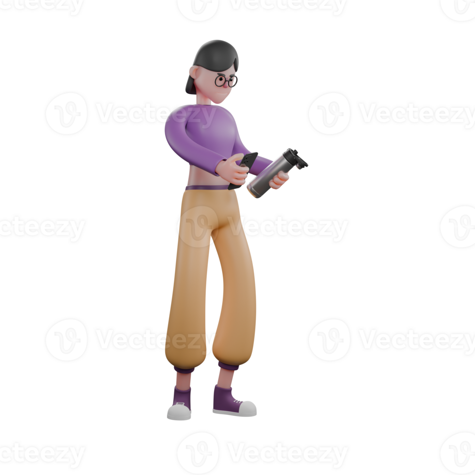 Animated Dance Model. A female dancer stands holding a smartphone and a drinking bottle in her hand with a focused expression. Creative Talent png