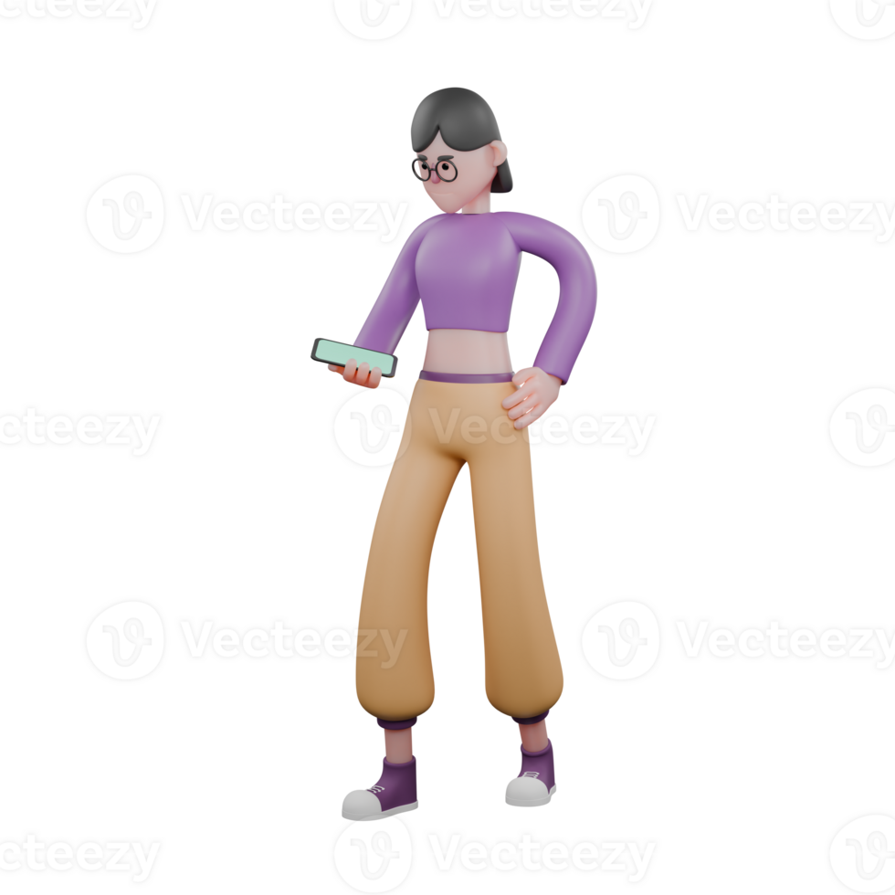 3D Dance Artist Model. A female dancer stands holding a smartphone in her hand while showing the smartphone screen with a serious expression. Animated Performer png