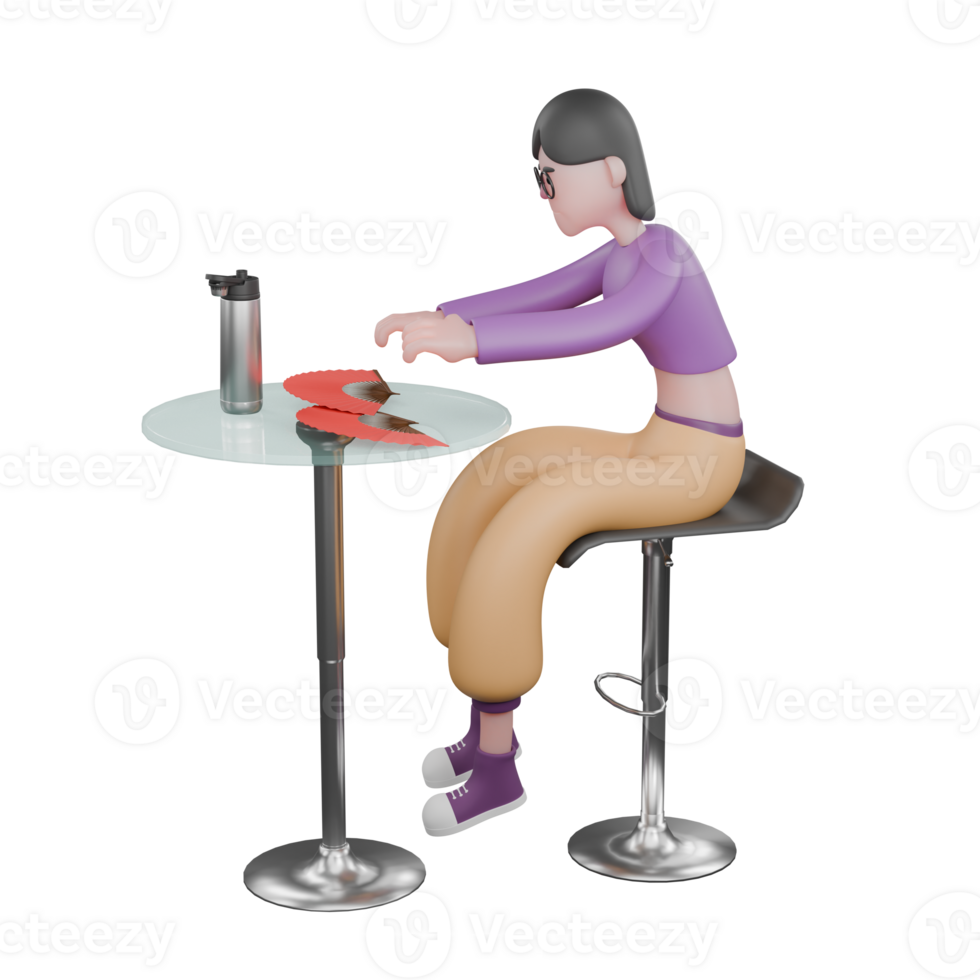 Cartoon Dance Performer in 3D Design. A female dancer sits at a cafe table with her hands on the table with a serious expression. Performer Star png