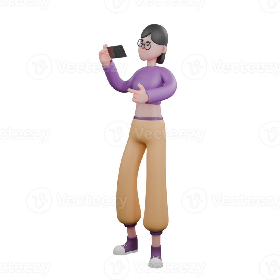 3D Dance Performer Star. A female dancer stands holding a smartphone in her hand taking pictures of something with a happy expression. Animated Talent png