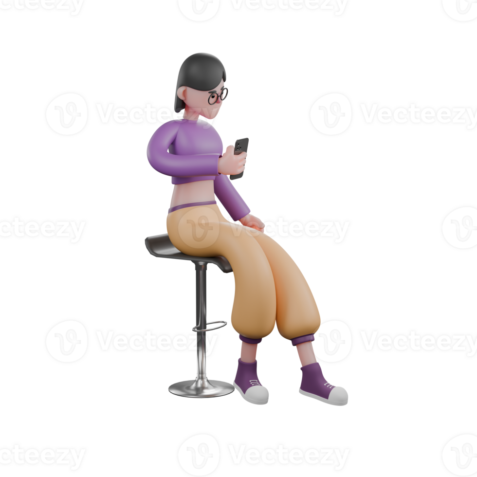 Dance Performer 3D Cartoon Character. A female dancer sits holding a smartphone in her hand while scrolling the screen with a relaxed expression. Performer Model png