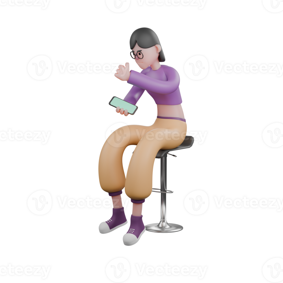 3D Cartoon Dance Performer Model. A female dancer sits on a chair holding a cellphone in her hand with an angry expression. Performance Character png