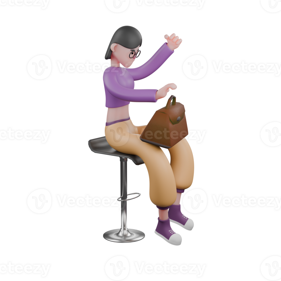 Dance Performer 3D Model. A female dancer sits holding a bag with her hands on the bag with a serious expression. Performer Character png