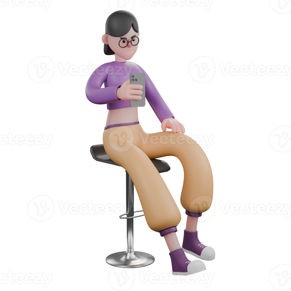 Cartoon Dance Star Performer in 3D. A female dancer sits on a chair holding a smartphone in her hand with a focused expression. Creative Talent png