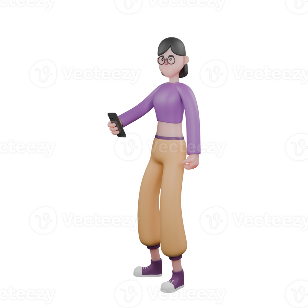 Cartoon Dance Performer in 3D Illustration. A female dancer stands with a smartphone in her hand with a smiling expression. Performance Artist png