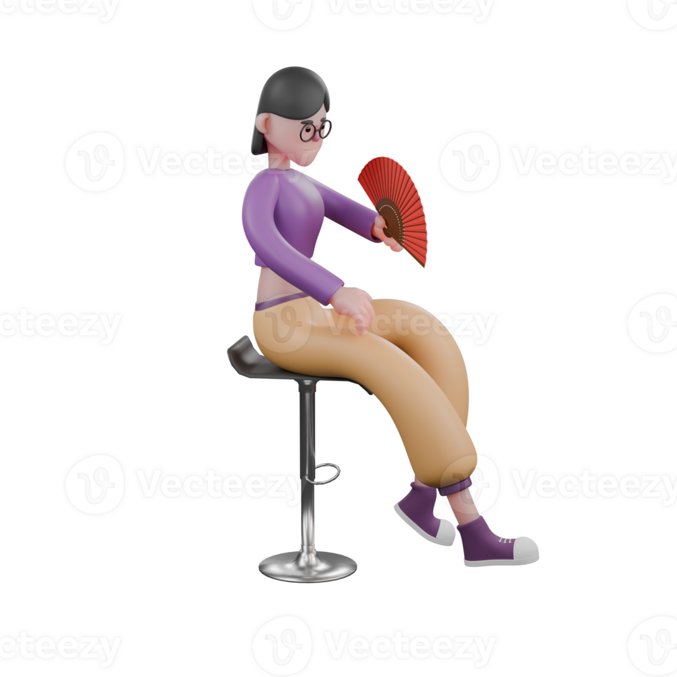 3D Cartoon Dance Artist. A female dancer is sitting while holding a fan in her hand with a relaxed expression. Performer Design png